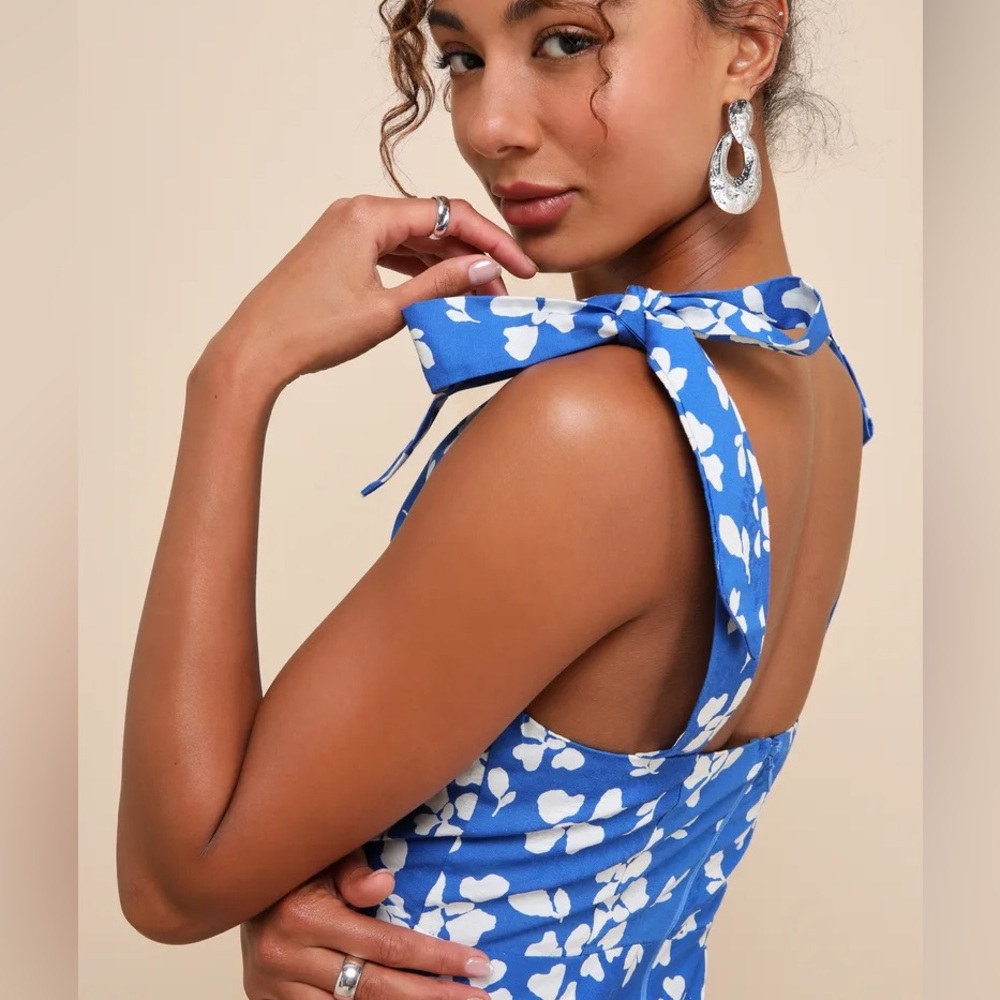 NWT! Lulus Bright Affection Cobalt Blue Floral Tie-Strap Mini Dress (Size XS) - Picture 4 of 9